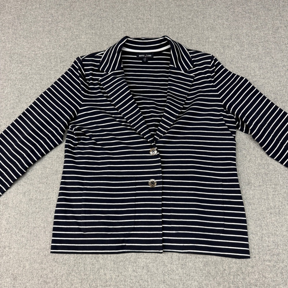 Nautica Jeans Striped Blazer Size Large Navy Blue White Cotton Blend Pockets L